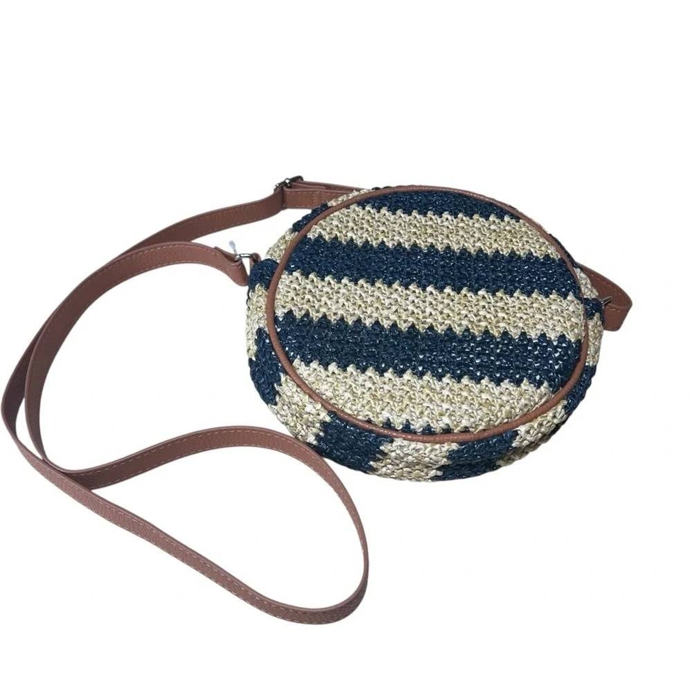 Thirty One Jewell Round Canteen Style Crossbody Purse Tan Navy Striped Straw NWT